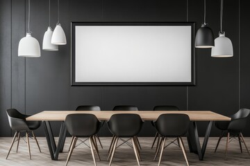 The stylish conference room features a spacious layout with a large presentation screen, modern furniture, and an elegant black wall, perfect for important meetings and engaging presentations