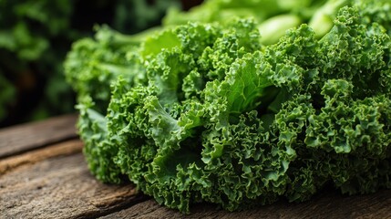 Fresh and Crisp Kale on a Rustic Wooden Table Surrounded by Greenery for Healthy Eating and Cooking Inspiration