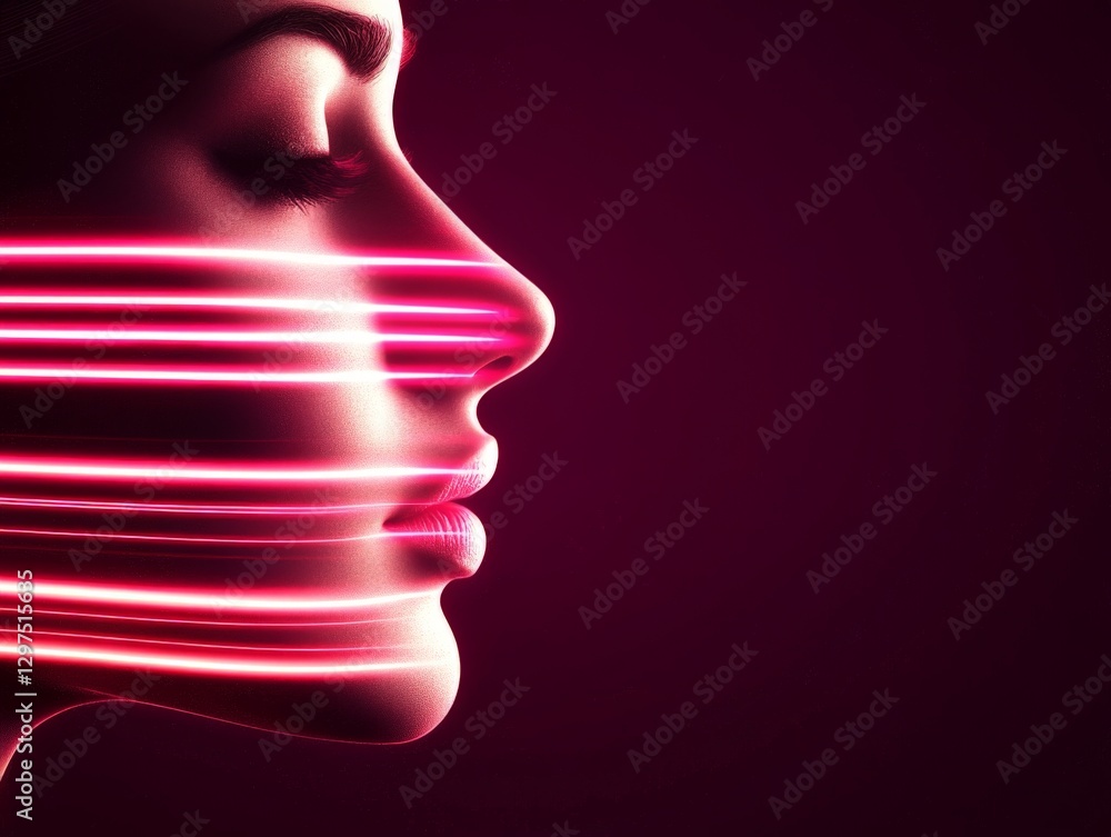 Poster abstract neon light streaks wrapping around a male face profile against deep red background symboliz