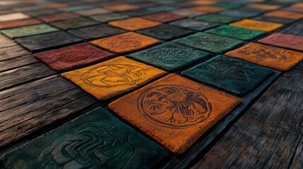 Colorful embossed tiles arranged on a wooden floor, showcasing intricate designs and textures