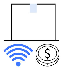 Blank laptop screen, blue wireless signal, and coin with dollar sign emphasize online payments, internet connectivity, and financial technology. Ideal for fintech, e-commerce, contactless payments
