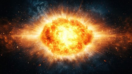 Obraz premium A vibrant cosmic explosion emits fiery light, surrounded by a dark, starry background, depicting the beauty and power of the universe.