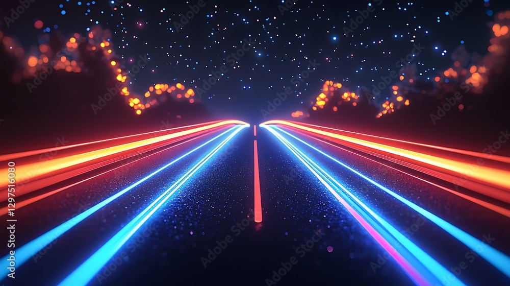 Wall mural neon road, futuristic highway, night, speed, cosmos, energy, digital art, abstract background, video