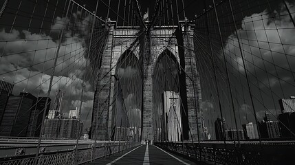 Obraz premium Monochrome Brooklyn Bridge, city skyline backdrop, pedestrian path, cloudy sky