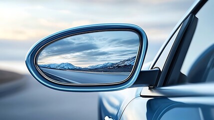 Mountain road reflected in car side mirror; travel, scenic view