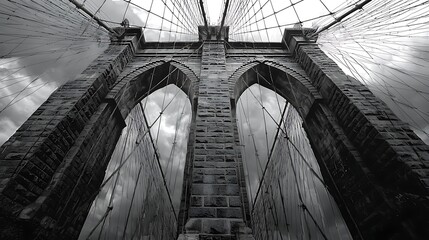 Fototapeta premium NYC Bridge Architecture, Cloudy Sky, Low Angle View, Travel Photography