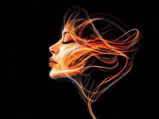 Obraz premium Abstract surreal digital artwork of woman with glowing neon orange light streaks forming facial contours futuristic conceptual portrait with cyber aesthetics and high tech glow