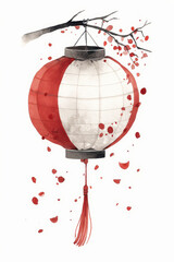 Obraz premium Elegant Red and White Lantern with Falling Petals