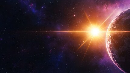 Obraz premium A stunning view of a planet with a radiant sun shining in the expansive cosmos, highlighting vibrant colors and celestial beauty.