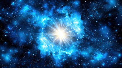 A vibrant cosmic scene featuring a bright star at the center, surrounded by swirling blue nebulae and a backdrop of distant galaxies.