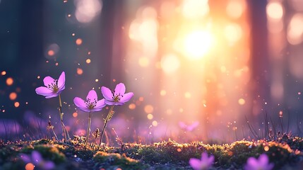 Sunlit nature flora delicate flowers blooming in a serene forest captured at dawn