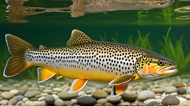 The brown trout Salmo trutta European species of salmonid fish widely introduced into suitable environments globally includes purely freshwater populations referred to as riverine ecotype