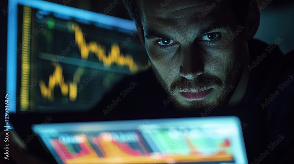 Poster man intently watching stock data on screens with deep concentration
