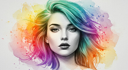 Stylized image of a woman with multi-colored hair. Beauty salon poster. Watercolor illustration with splashes of paint.