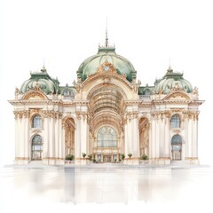 Naklejka premium Grand historic theater with intricate dome lavish detailing and magnificent entrance representing classical architectural excellence in cultural heritage stock illustration