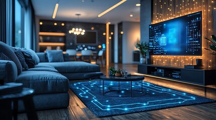 Naklejka premium Smart Home Security System Modern Living Room with Illuminated Circuit Rug and Secure TV Screen