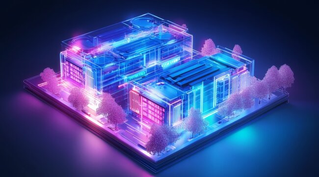 Imagine a vibrant isometric view of a futuristic city at night, featuring glowing buildings, flourishing trees, and shining pathways, inviting exploration and thrilling adventures
