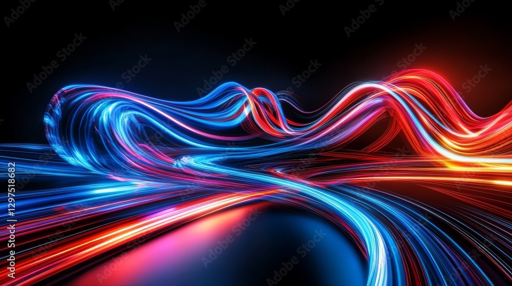 Poster vibrant blue and red light trails gracefully flow against a deep black backdrop, creating a visually