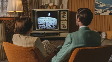 A Couple Watches Television Depicting Lunar Exploration Scene
