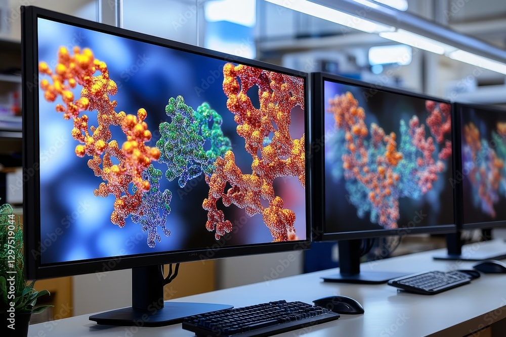 Poster our advanced research lab features aigenerated protein structures on large screens, showcasing key a