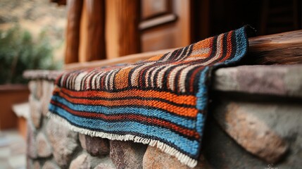 Colorful woven textile draped over a stone ledge, showcasing intricate patterns and textures