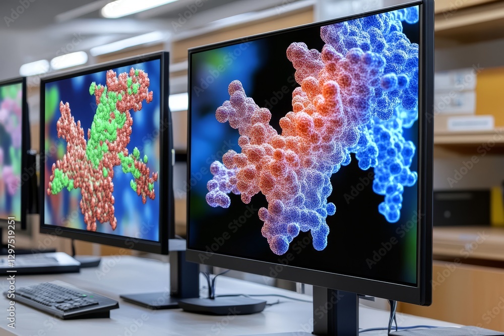 Poster modern labs showcase intricate molecular designs and aidriven protein structures, highlighting break