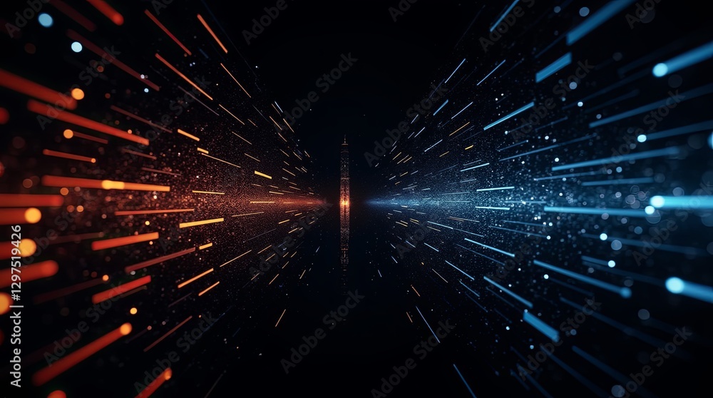 Poster a black and orange and blue image of a space with many dots