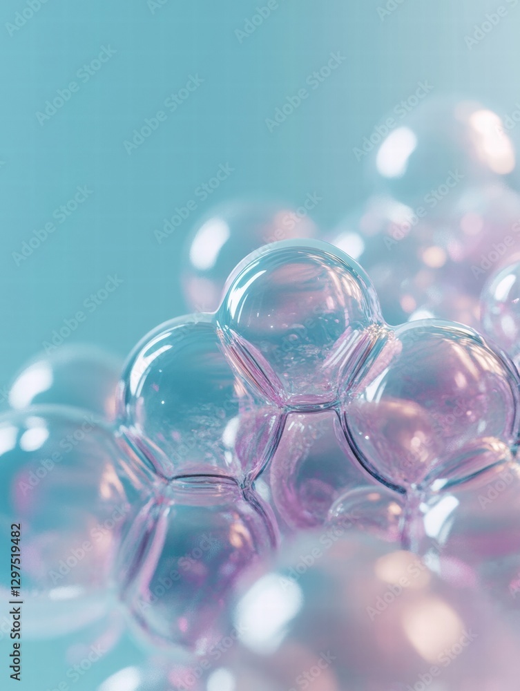 Poster bubbles cluster in delicate formation, reflecting light in shades of pink and blue with a soft focus