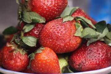 A close-up of fresh strawberries with green leaves