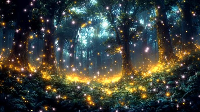 Magical enchanted forest glowing with fireflies and mystical golden lights in dreamy nighttime atmosphere. Seamless looping 4K time-lapse animation video background