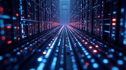 Fototapeta premium A computer server room with blue and red lights
