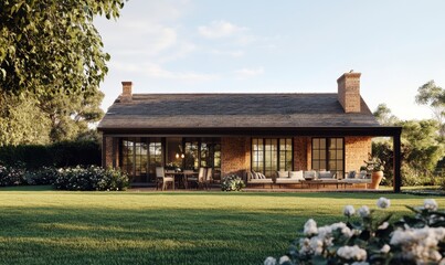 Fototapeta premium Rustic cottage with patio in sunlit garden