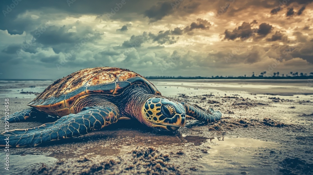 Poster close-up of a stranded turtle on the beach under dramatic cloudy sky at dusk with soft ocean waves i