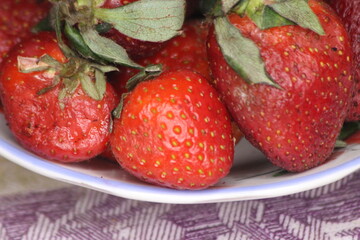 A close-up of fresh strawberries with green leaves