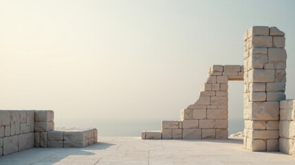 Fototapeta premium Ancient Stone Structure Overlooking Calm Waters A Serene Vista of Architectural Remains