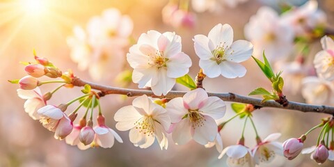 Delicate Spring Blossoms in Golden Sunlight A Close-Up View of a Branch Adorned with Newly Opened Petals and Tight Buds