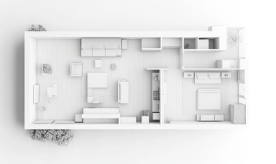 Modern apartment floor plan, top view, furnished, with landscaping