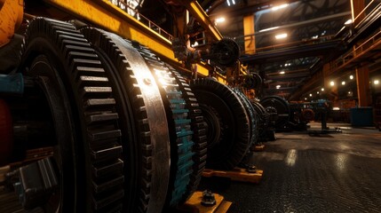 Fototapeta premium Close-up view of large industrial gears in a factory setting with machinery and lighting