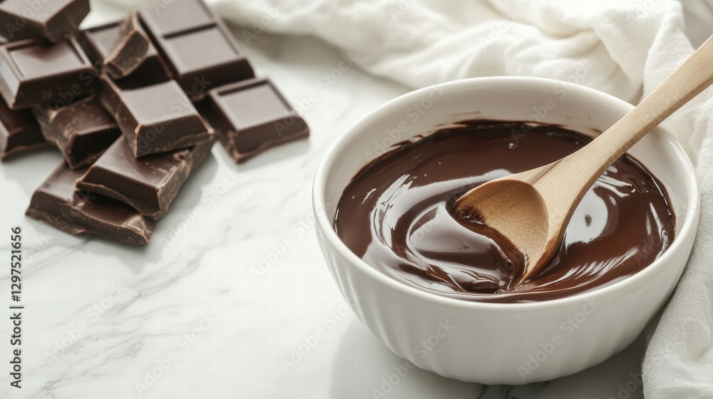 Poster melted dark chocolate in a bowl with chocolate squares on a marble countertop. generative ai