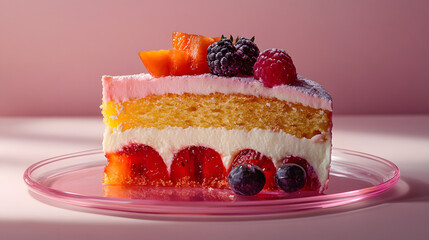 A vibrant slice of strawberry layer cake with fluffy whipped cream and fresh strawberries on top