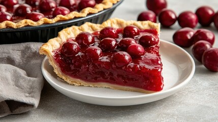 A slice of cherry pie on a plate, showcasing a glossy cherry filling and a flaky crust, with whole cherries scattered nearby.