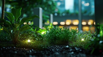 Lush green plants illuminated by soft lights in an urban garden setting with blurred modern buildings
