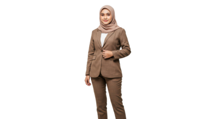 Young Indonesian malaysian businesswoman, dressed in a earth tone hijab, earth tone dress suit, and heels isolated on transparent, White background