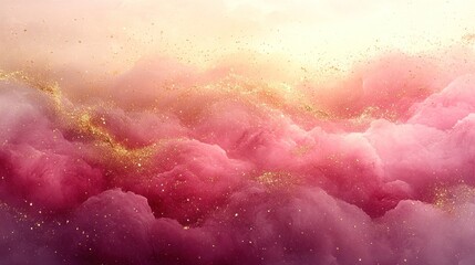 Golden glitter falling on dreamy pink clouds at sunset