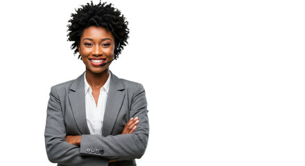 Portrait of a happy call center black woman arms crossed isolated on transparent, White background