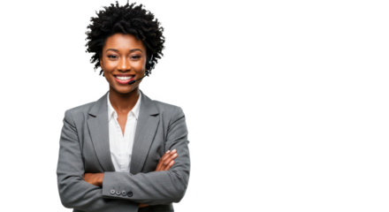 Portrait of a happy call center black woman arms crossed isolated on transparent, White background