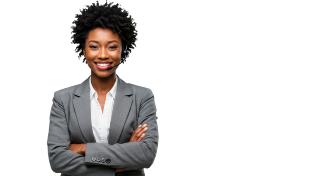 Portrait of a happy call center black woman arms crossed isolated on transparent, White background