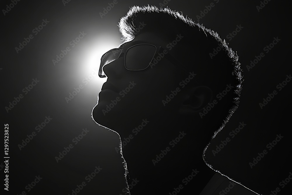 Poster dramatic high contrast black and white side profile portrait of a man in deep thought with intense s