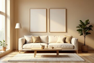 Serene living room with minimalist off-white sofa, wooden coffee table, and two blank frames on a beige wall, bathed in warm sunlight