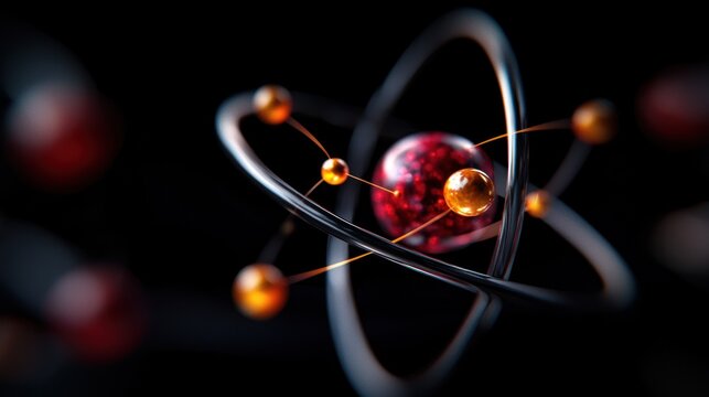 3D rendering of an atom with vibrant red and orange electrons orbiting a nucleus, showcasing atomic structure